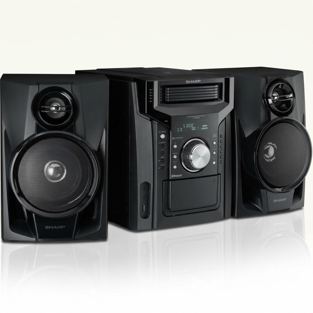 SHARP CD-BH950 240W 5-disc mini shelf speaker system with cassette, Bluetooth, and black speakers.