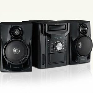 SHARP CD-BH950 240W 5-disc mini shelf speaker system with cassette, Bluetooth, and black speakers.