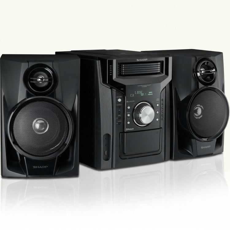 SHARP CD-BH950 240W 5-disc mini shelf speaker system with cassette, Bluetooth, and black speakers.