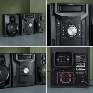 Four-panel grid of the SHARP CD-BH950 240W 5-Disc Mini System showing front, rear, and close-up views.