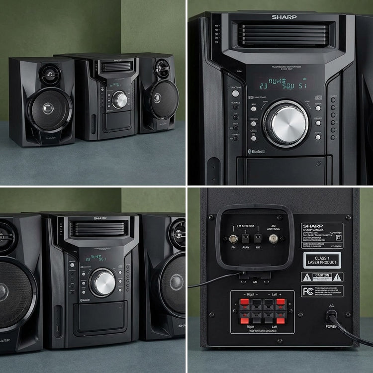 Four-panel grid of the SHARP CD-BH950 240W 5-Disc Mini System showing front, rear, and close-up views.