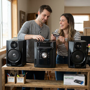 A man and woman smiling in an office setting with a Sharp CD-BH950 5-disc speaker system.