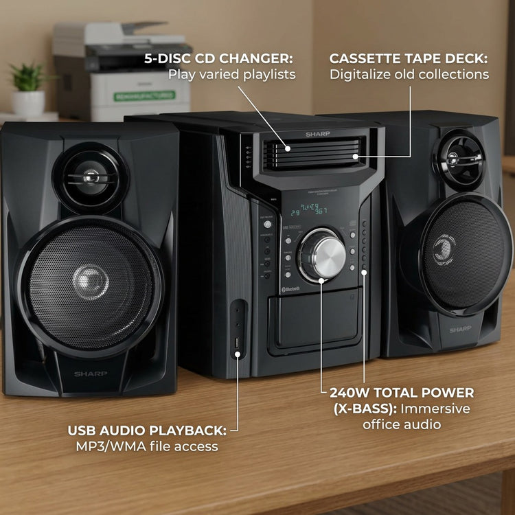 SHARP CD-BH950 240W 5-Disc Shelf System showing CD changer, cassette deck, and USB audio playback.