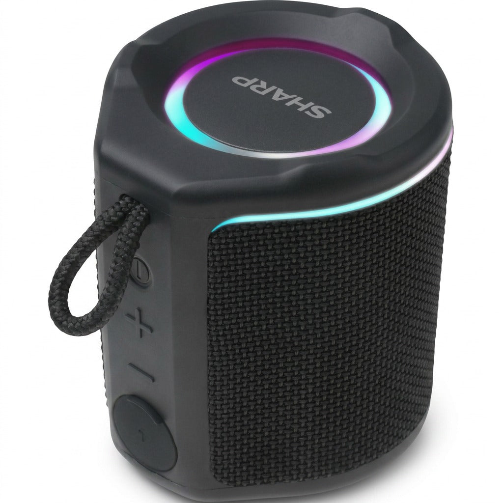 Sharp GX-BT190-BK portable black Bluetooth speaker with vibrant RGB LED light ring and carry strap.