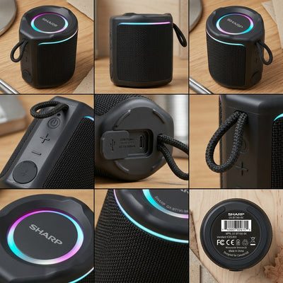 Grid of Sharp GX-BT190-BK speakers showing RGB LED lights, USB-C port, strap, and control buttons.
