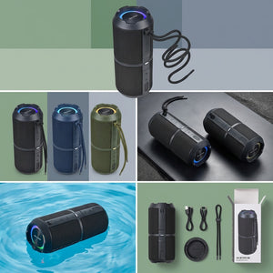 Sharp GX-BT290-BK speakers in black, blue, and green, showing IP67 waterproof floating and unboxed accessories.