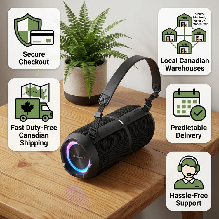 Sharp GX-BT390 speaker infographic detailing duty-free Canadian shipping and local warehouse support.