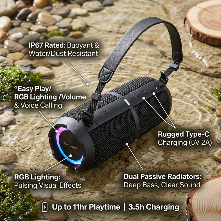Sharp GX-BT390 rugged waterproof speaker features callout: IP67 rated, buoyant, 11h battery life.