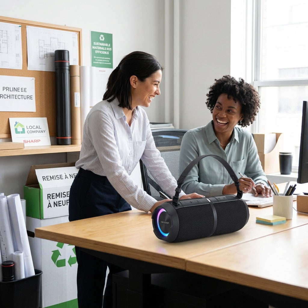 Sharp GX-BT390 rugged black speaker used by team members in a bright, eco-conscious office studio.