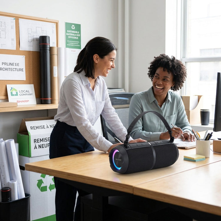 Sharp GX-BT390 rugged black speaker used by team members in a bright, eco-conscious office studio.