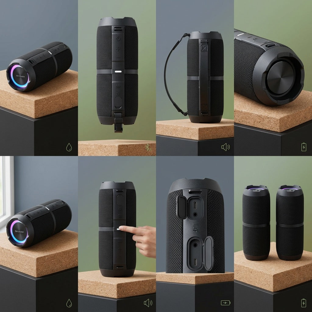 Grid of Sharp GX-BT390 speakers showing ports, RGB lights, carrying strap, and TWS dual-speaker mode.
