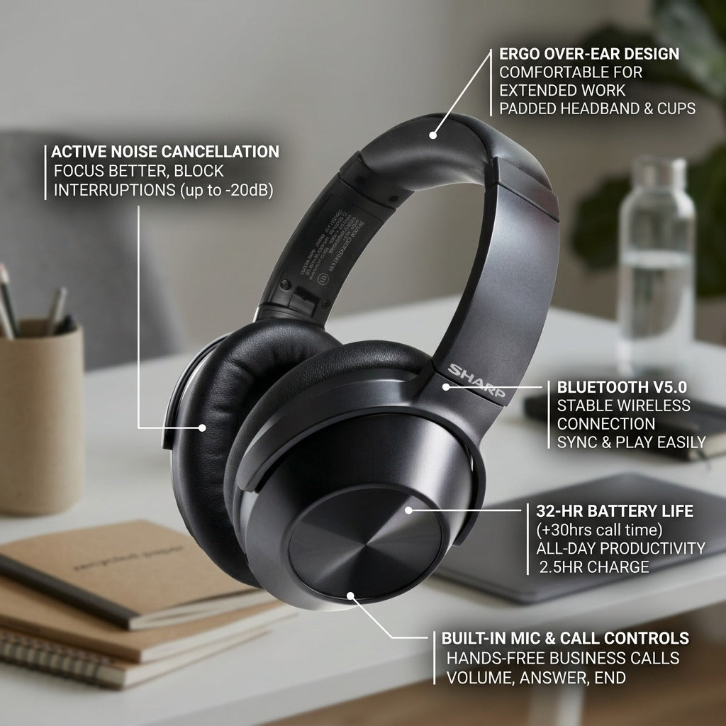Sharp HP-60 Wireless Headphones feature callout showing ANC, 32-hour battery, and Bluetooth 5.0.