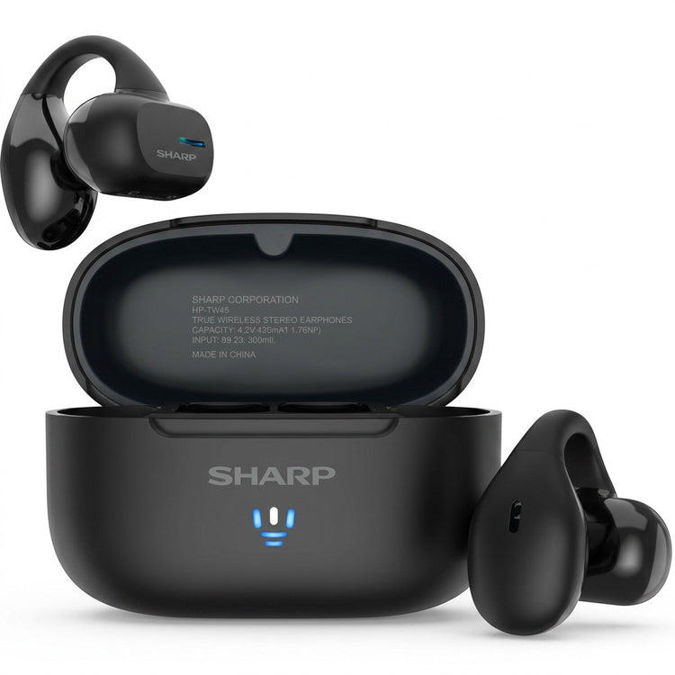 Sharp HP-TW45-BK open-ear earclip earbuds in black with open charging case and LED indicators.