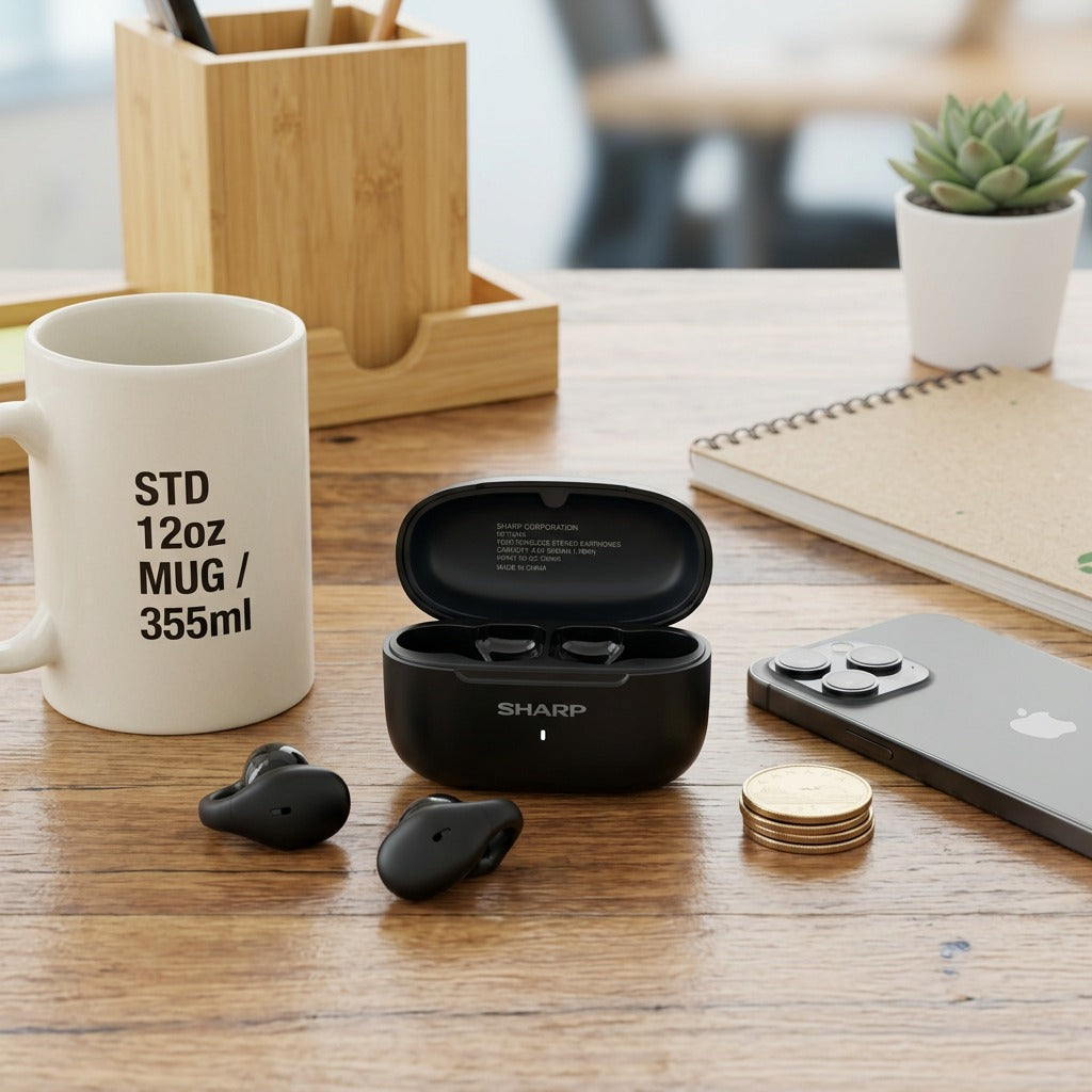 Sharp HP-TW45-BK earclip earbuds and charging case on a desk next to a 12oz mug for scale.