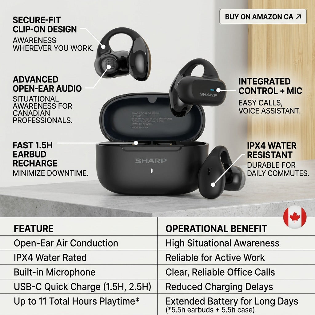 Feature graphic for Sharp HP-TW45-BK open-ear earbuds highlighting IPX4 resistance and 1.5H charging.