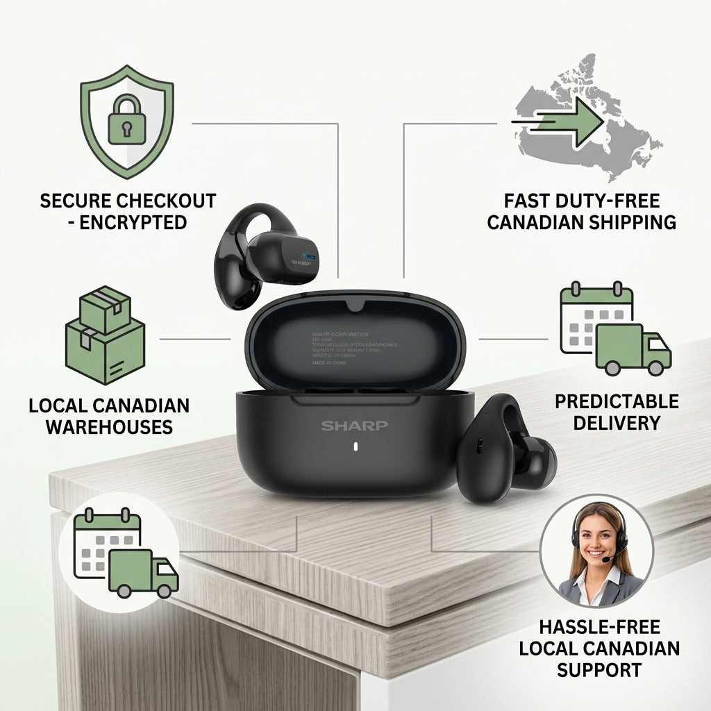 Infographic showing Sharp HP-TW45-BK earclip earbuds with Canadian shipping and support trust icons.
