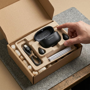 Sharp HP-TW45-BK earbuds unboxing in eco-friendly cardboard packaging with USB-C cable and manual.