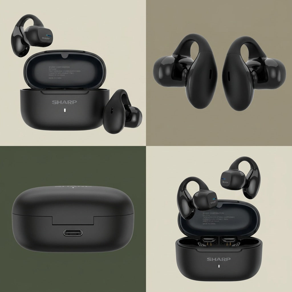 Four-panel grid of Sharp HP-TW45-BK earclip earbuds from various angles with USB-C charging case.