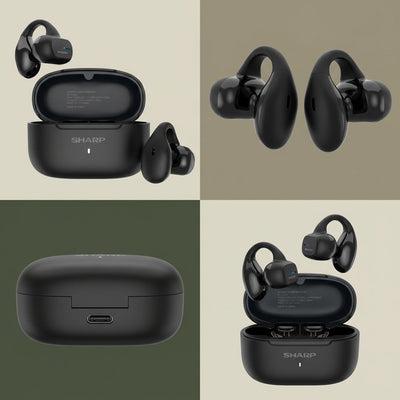 Four-panel grid of Sharp HP-TW45-BK earclip earbuds from various angles with USB-C charging case.