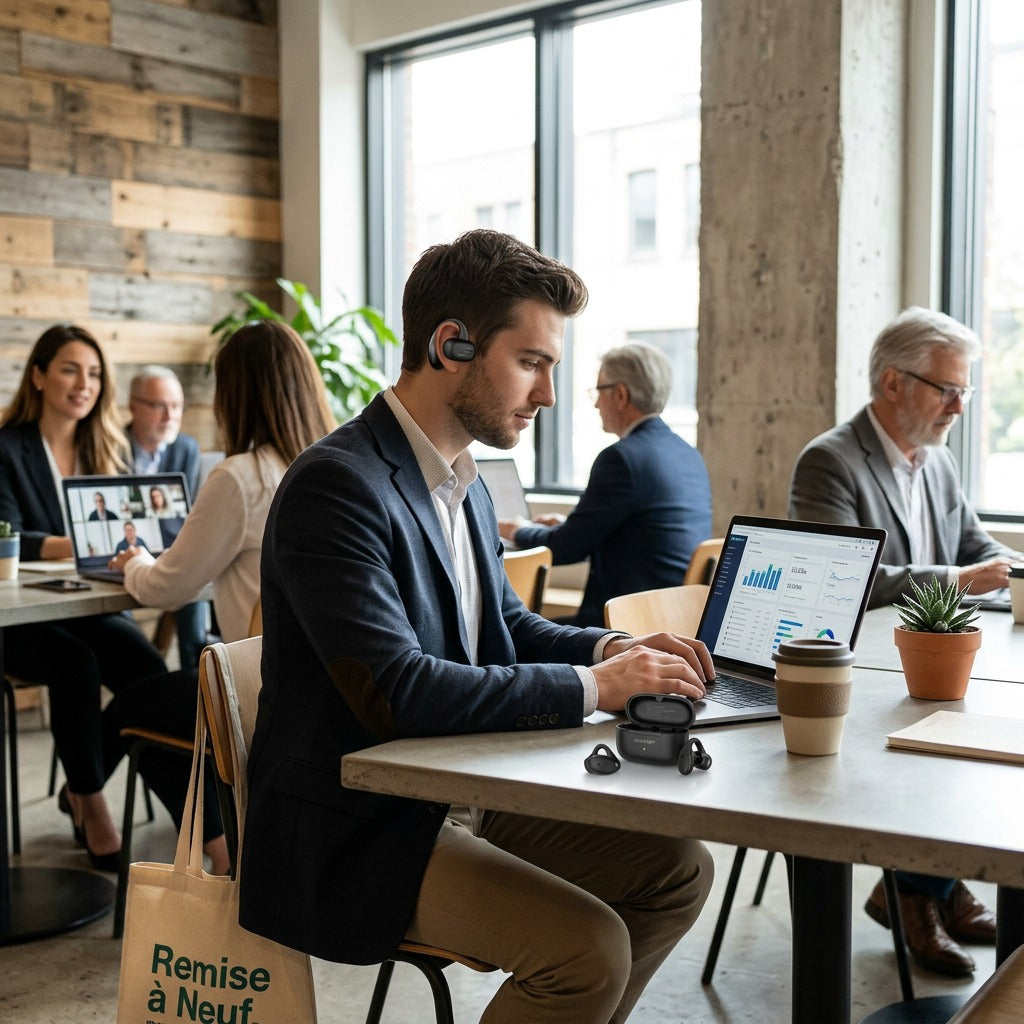 Professional working in a busy coworking space wearing Sharp HP-TW45-BK open-ear earbuds.