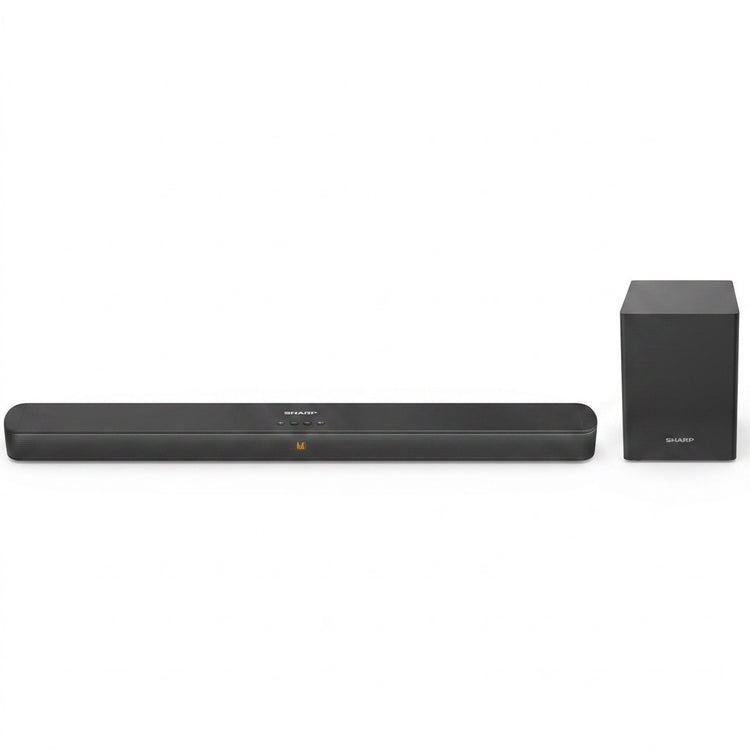 SHARP HT-SBW192 2.1-channel sound bar and wireless subwoofer set in black with metal grill.