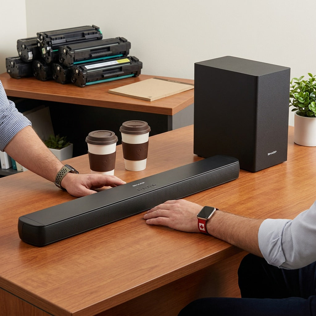 Sharp HT-SBW192 sound bar and subwoofer on an office desk for scale near coffee and printer toner.