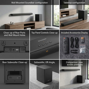Feature grid showing SHARP HT-SBW192 soundbar configurations, rear ports, accessories, and wireless subwoofer.