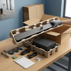 SHARP HT-SBW192 Sound Bar and wireless subwoofer unboxed with remote, batteries, and wall hardware.