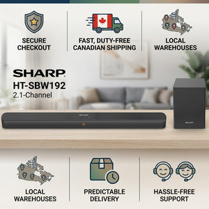 Sharp HT-SBW192 soundbar and subwoofer with Canada-focused trust icons for local shipping and support.