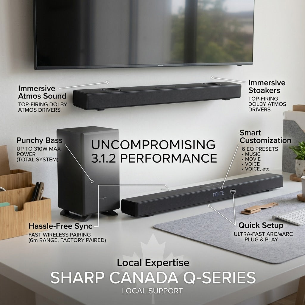 SHARP Q-Series 3.1.2 soundbar feature graphic highlighting top-firing Dolby Atmos speakers, wireless subwoofer, eARC connectivity, and 310W max power.
