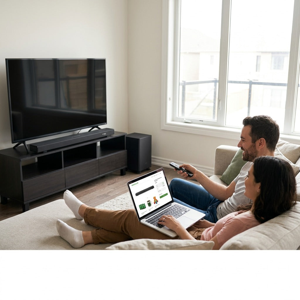 A couple relaxes on a sofa, using a laptop to shop for the Sharp Q-Series 3.1.2 Soundbar system.
