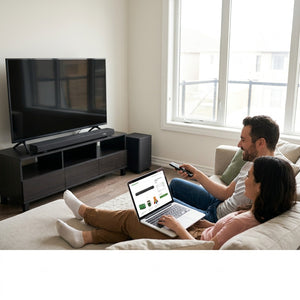 A couple relaxes on a sofa, using a laptop to shop for the Sharp Q-Series 3.1.2 Soundbar system.