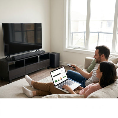 A couple relaxes on a sofa, using a laptop to shop for the Sharp Q-Series 3.1.2 Soundbar system.