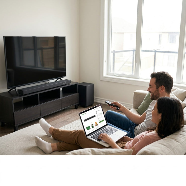 A couple relaxes on a sofa, using a laptop to shop for the Sharp Q-Series 3.1.2 Soundbar system.
