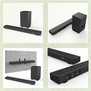Four-panel grid of the SHARP Q-Series 3.1.2 soundbar and wireless subwoofer showing various angles, wall-mounting, and top-firing speaker drivers.