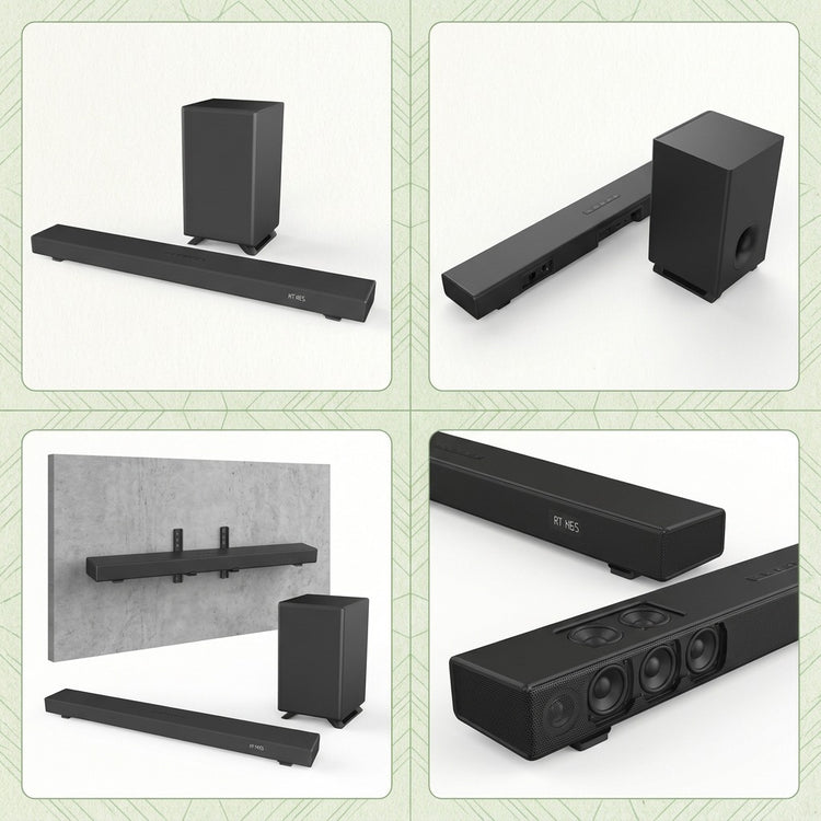Four-panel grid of the SHARP Q-Series 3.1.2 soundbar and wireless subwoofer showing various angles, wall-mounting, and top-firing speaker drivers.