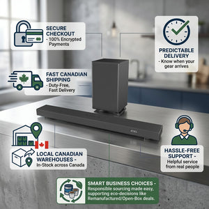 Sharp Q-Series 3.1.2 Soundbar and Subwoofer with icons for fast shipping and local Canadian support.