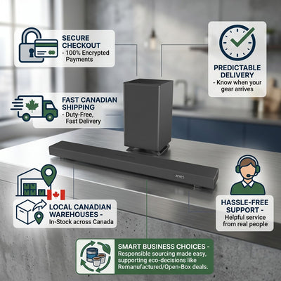 Sharp Q-Series 3.1.2 Soundbar and Subwoofer with icons for fast shipping and local Canadian support.