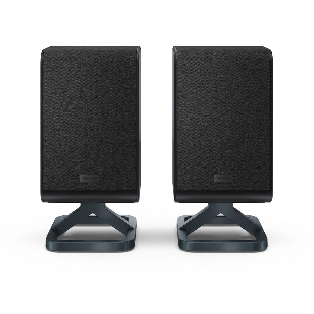 Pair of black Sharp HT-SPR52021-BK wireless rear surround speakers on modern stands, pure white background.