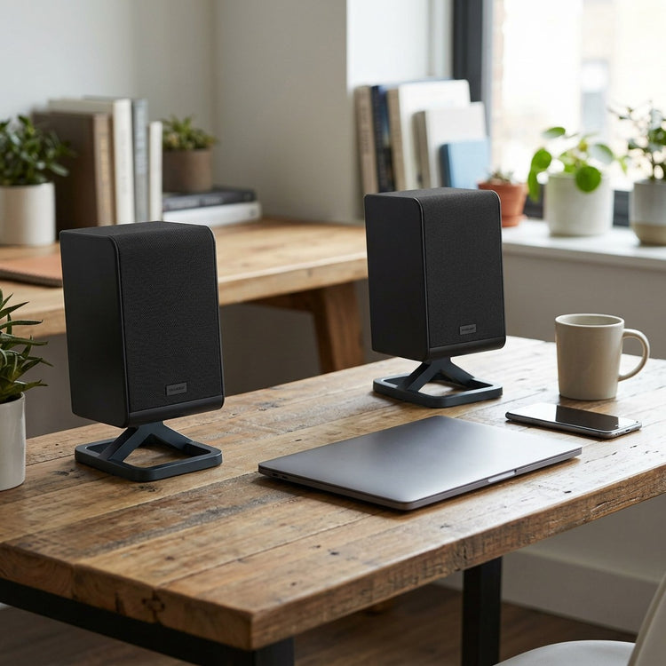 Sharp HT-SPR52021-BK wireless rear speakers placed on a desk beside a laptop to show compact scale.