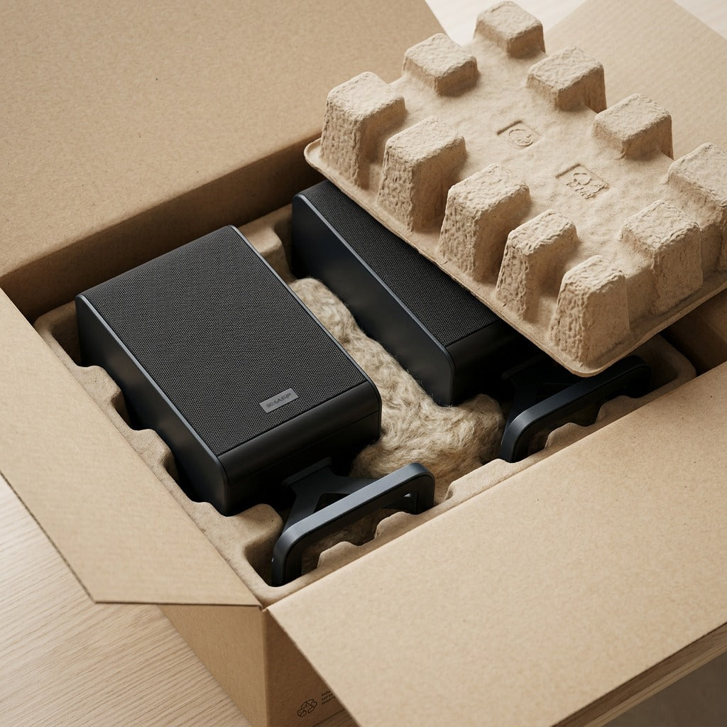 Sharp HT-SPR52021-BK wireless rear speakers securely packed in eco-friendly molded pulp packaging.