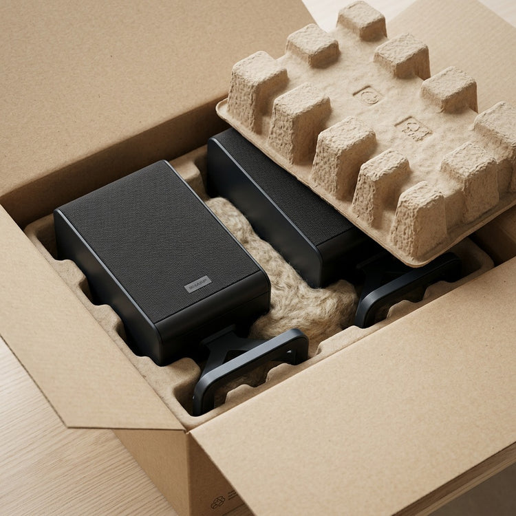 Sharp HT-SPR52021-BK wireless rear speakers securely packed in eco-friendly molded pulp packaging.