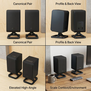 Four-panel view of Sharp HT-SPR52021-BK rear speakers showing front, profile, back, and desk setup.