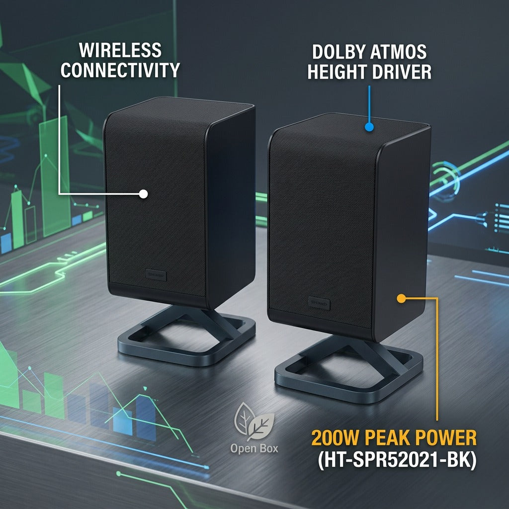 Sharp HT-SPR52021-BK wireless rear speakers with Dolby Atmos height drivers and 200W peak power.