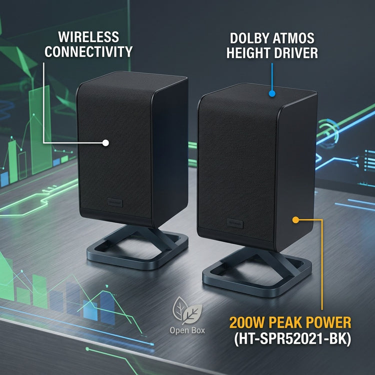 Sharp HT-SPR52021-BK wireless rear speakers with Dolby Atmos height drivers and 200W peak power.
