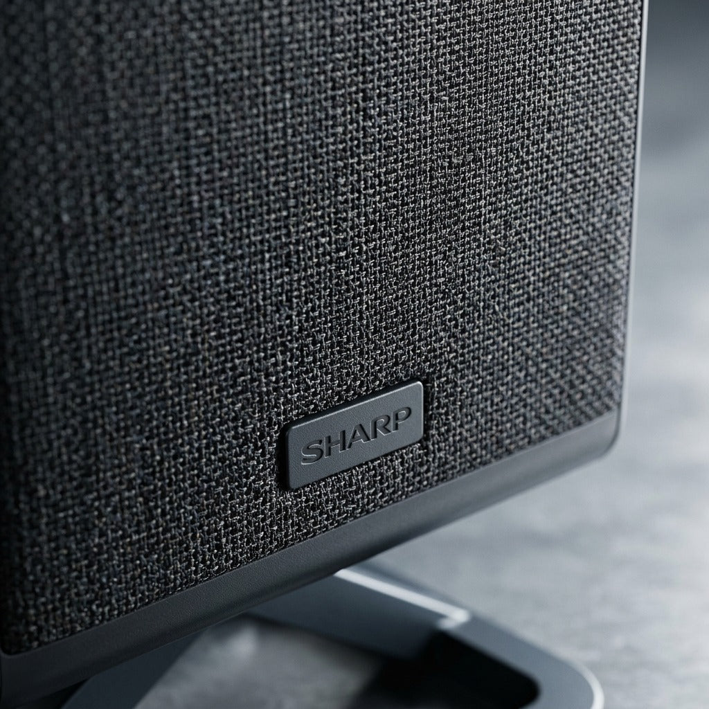 Macro detail of the Sharp HT-SPR52021-BK wireless speaker featuring premium black fabric mesh.