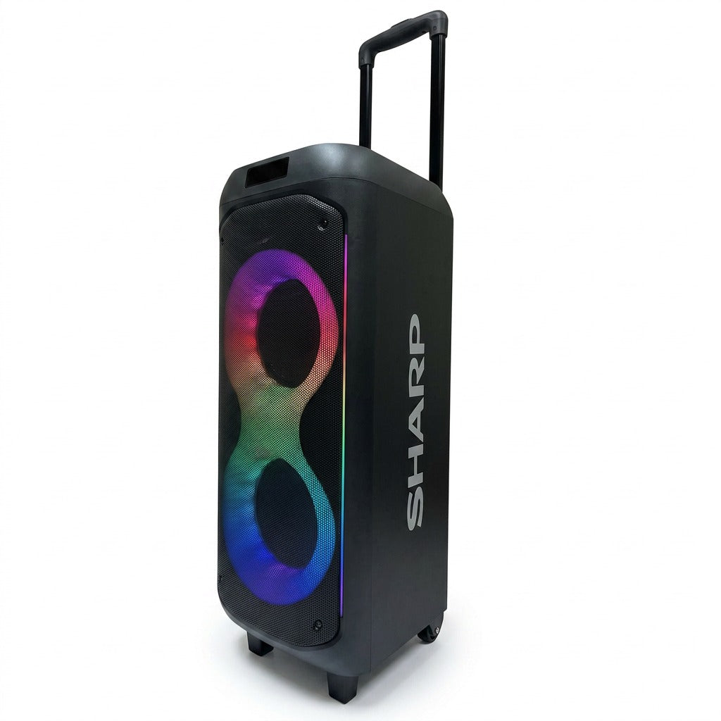 Sharp PS-935 portable party speaker with trolley handle, wheels, and rainbow LED ring lights.