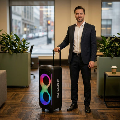 A man in a suit stands next to the Sharp PS-935 portable party speaker to show its height.