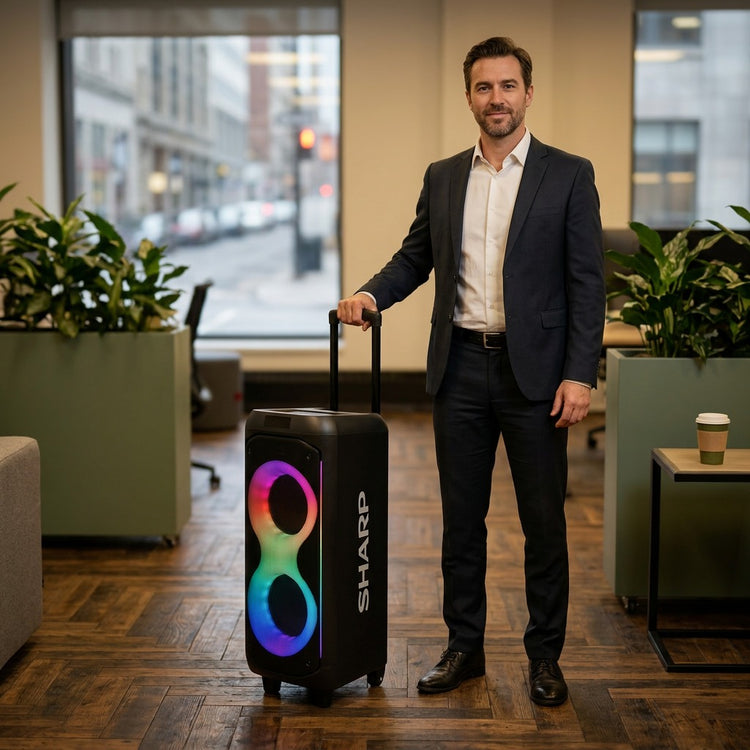 A man in a suit stands next to the Sharp PS-935 portable party speaker to show its height.