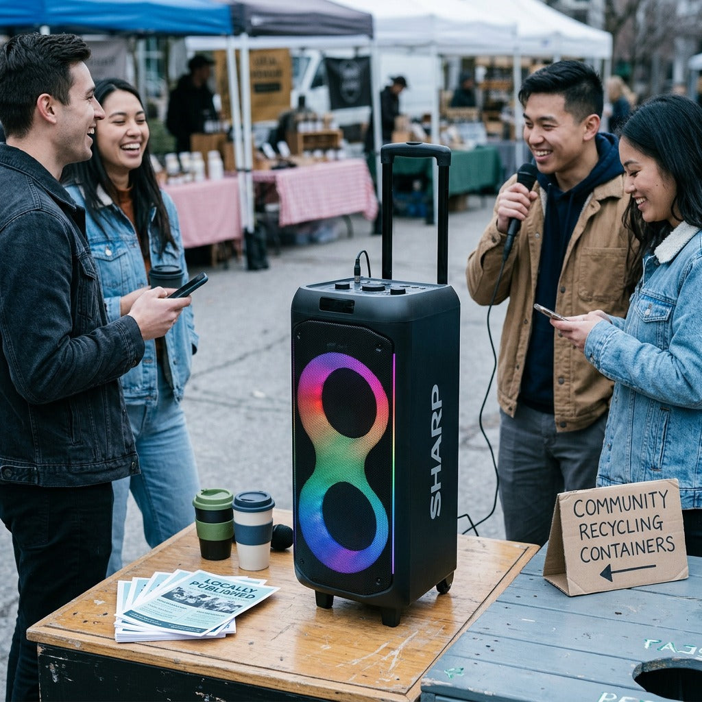 People enjoying the Sharp PS-935 50W Portable Karaoke Speaker at an eco-friendly community market.